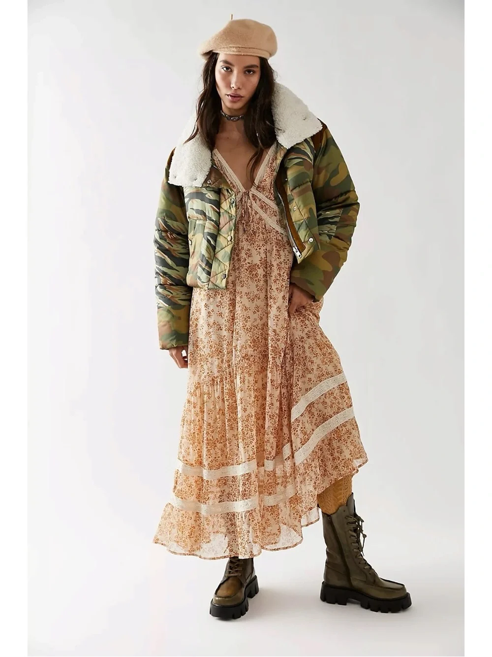 Free People Bohemian Patchwork Camo Cordury West Coast Puffer Jacket Size Large